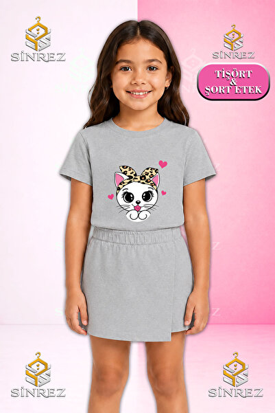 SİNREZ Girl's Set Cat Head Ribbon Heart Printed Short Sleeve T-Shirt Shorts S...