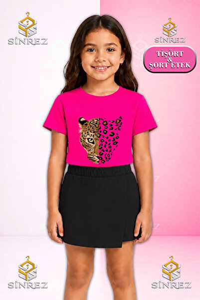 SİNREZ Set pentru fete LEOPARD HEAD LARGE Tricou cu mânecă scurtă imprimat Fu...