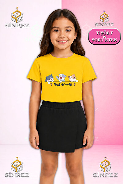 SİNREZ Set pentru fete cu imprimeu CAT BEST FRIEND, tricou cu mânecă scurtă, ...