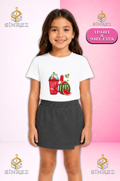 SİNREZ Girl's Set Watermelon Ice Cream Printed Short Sleeve T-Shirt Shorts Skirt