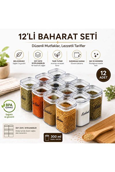 kitchen power Set of 12 300 ml Mica Spice Jars with Labeled Leak-Proof Lids