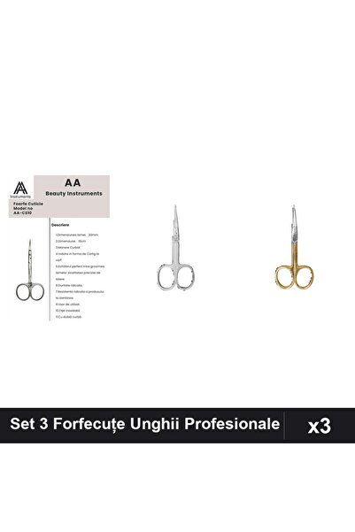 One Group Set 3 Forfecuțe Profesionale Unghii și Cuticula, Argintie și Aurie