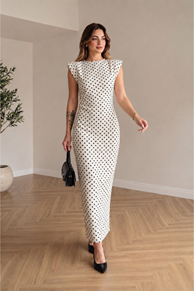 Roza Moda Collection Yeni Sezon Puantiyeli Midi Elbise | Vatkalı Omuz Detaylı...