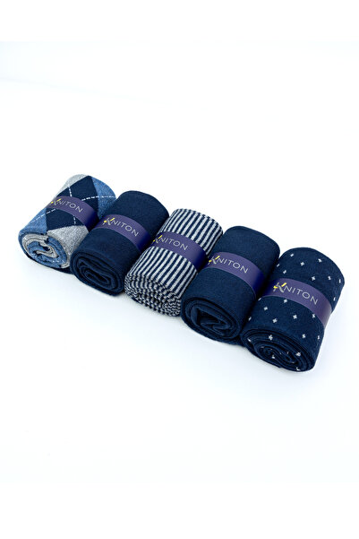 KNITON Dikişsiz Bambu Çorap Jakarlı Lacivert Renk Desenli Erkek Çorap Kutulu 5 Çift Premium Uzun Soket Mix Çorap Bambu
