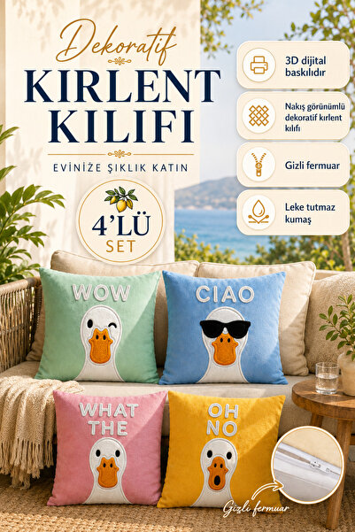 Benlisso Home Sevimli Ördek Desenli 3D Dijital Baskılı Nakış Görünümlü 4’lü K...
