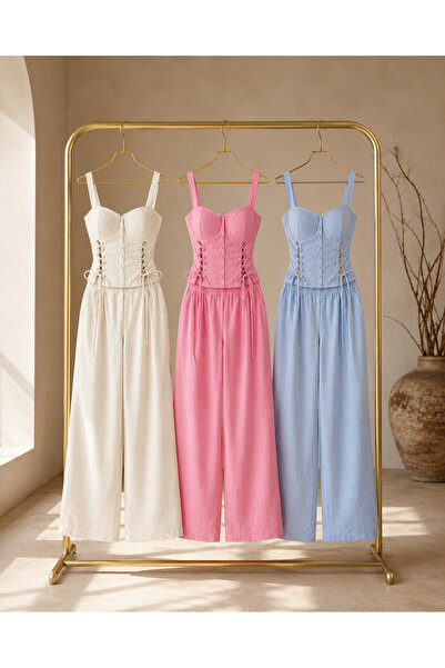 OEM Compleu dama elegant din in, doua piese, cu top corset si pantaloni largi...
