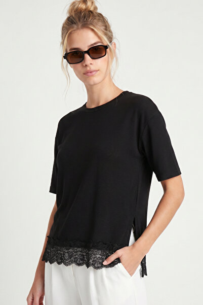Lovelyİstanbul Dantelli Oversize Mevsimlik Triko Bluz LYY0146 SİYAH
