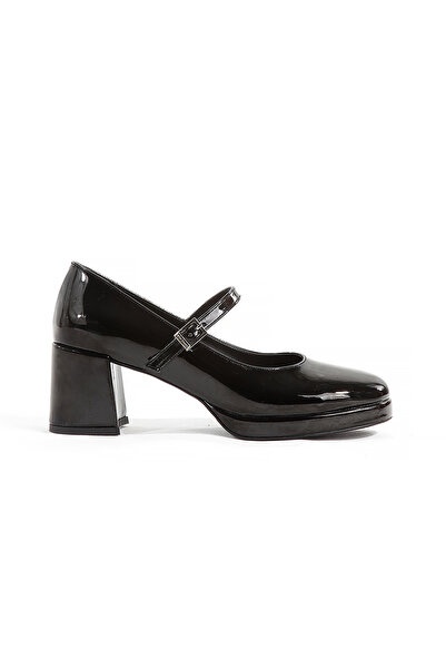 Rella Stylish Thick Heeled Platform Black Patent Leather Women's Shoes with B...