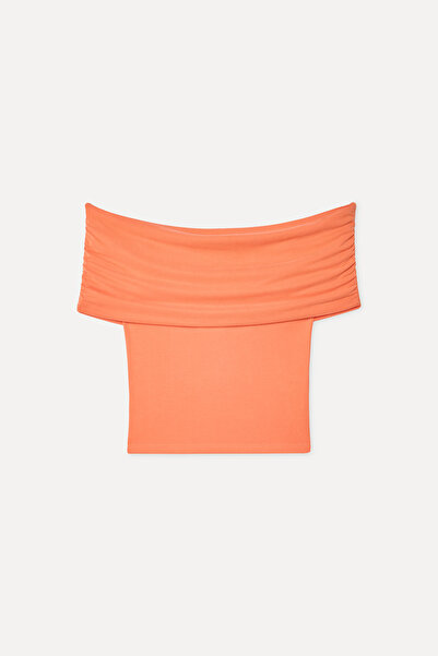 Mudo Women's Orange Fitted Open Collar Sleeveless T-Shirt