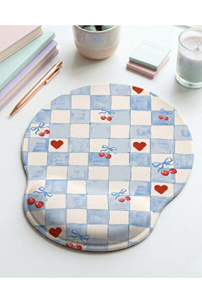matizya Mavi Kareli Kiraz ve Kalp Desenli Bilek Destekli Mousepad 23 x 19 cm ...