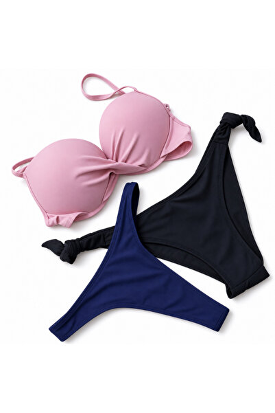 Nobrand Costum de baie dama 3 piese roz & bleumarin – set premium cu sutien c...