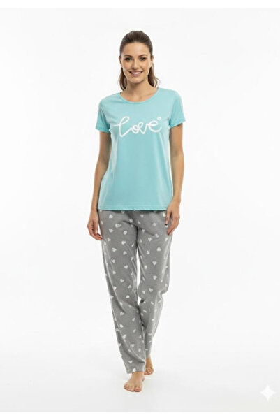 Serena Women's pajamas with short sleeves and long pants - blue color LOVE print