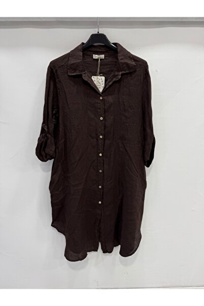 della moor Brown Italian Folded Long Sleeve Linen Tunic Shirt Dress 38 - 42 S...