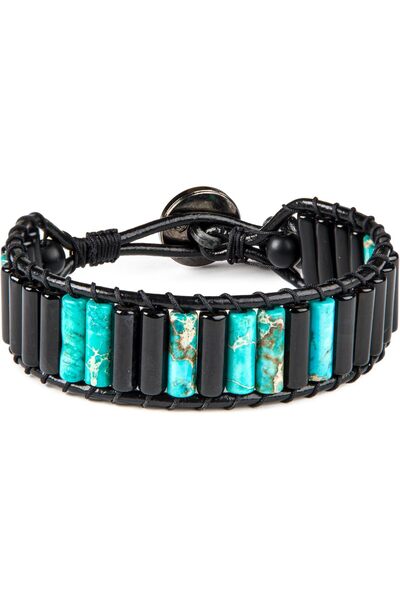 MINZA Nerazzurri Men's Bracelet, Leather Beaded Bracelet, with Leather, Jaspe...