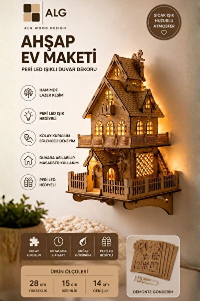 ALGWOOD Peri LED Işıklı 3D Ahşap Ev Maketi - Duvara Asılabilir LED Işıklı Hob...