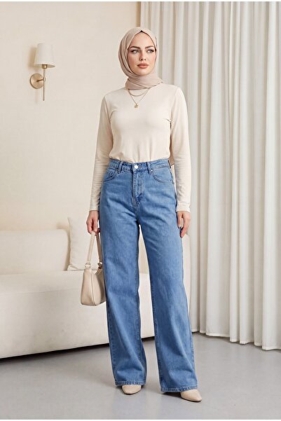HİJABAYA Pantaloni din denim cu talie înaltă și buzunare la picior - Albastru...