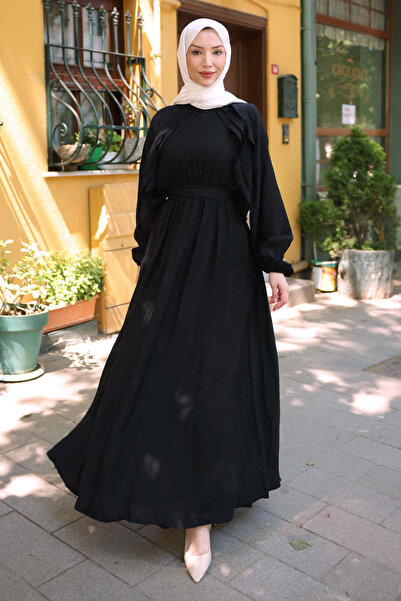 İmajButik Black Dress with Ruffles on the Sides and Elastic Waist
