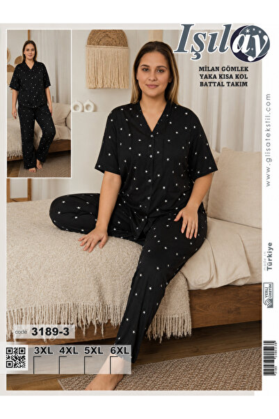 Işılay Milan Shirt Collar Buttoned Oversized Star Patterned Pajama Set
