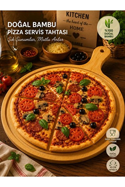 legna Bambu Pizza Sunum Tahtası 43x30 cm Saplı Ahşap Servis Tahtası