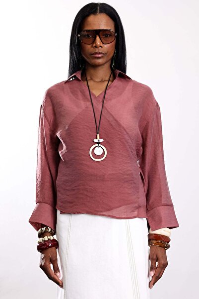 5in1Canpolat Dusty Rose Double Breasted Collar Tie Detail Shirt 580938
