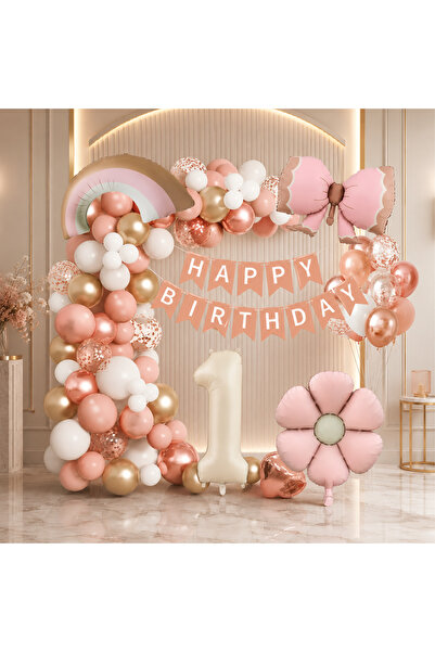 Aspak Lüks Doğum Günü Seti Pembe Fiyonklu Retro Konsept Balon Kutlama Eğlence