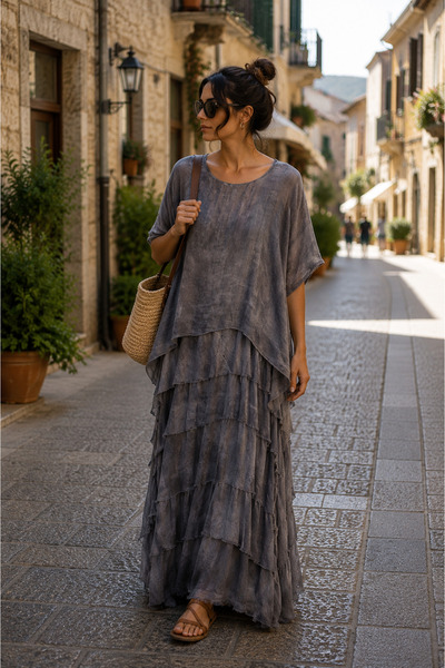 EREN STYLE Italian Vintage 2 Size Slimming Half Sleeve Layered Silk Dress