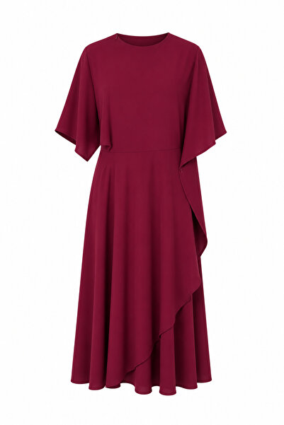 HAZELANNA Asymmetrical Burgundy Dress with Internal Buttons