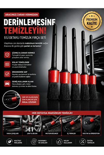 TUMU LIFE 5'li Kaliteli Farklı Boyutlarda Oto Detay Fırça Seti 5 Adet Oto Ara...