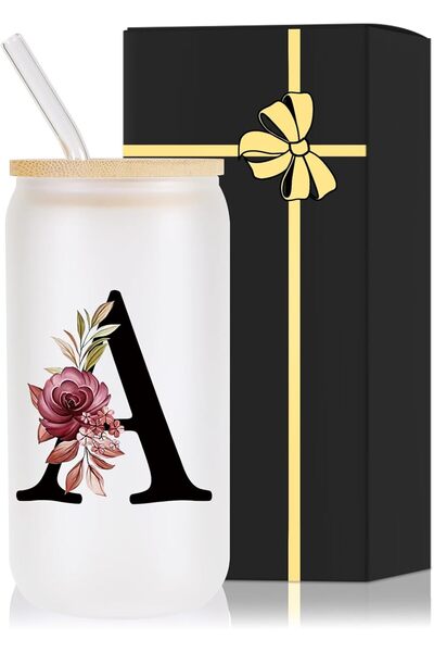 NASAQ Monogrammed Glass Drinking Cup with Bamboo Lid Straw, Customized Iced C...