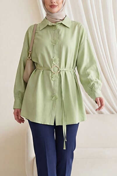 Modamorfo Modal Tunic with Floral Detail on the Front and Buckle Belt - Water...