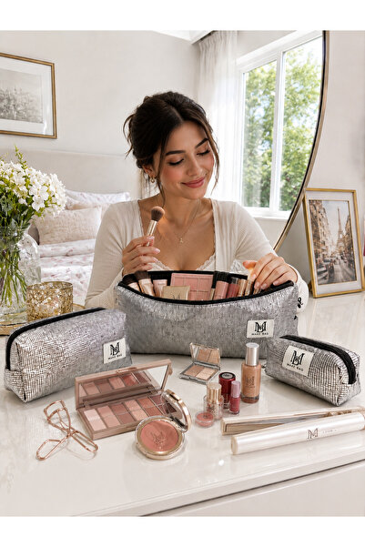 MAKE BAG GÜMÜŞ IŞILTILI 3'LÜ SET MAKYAJ ÇANTASI