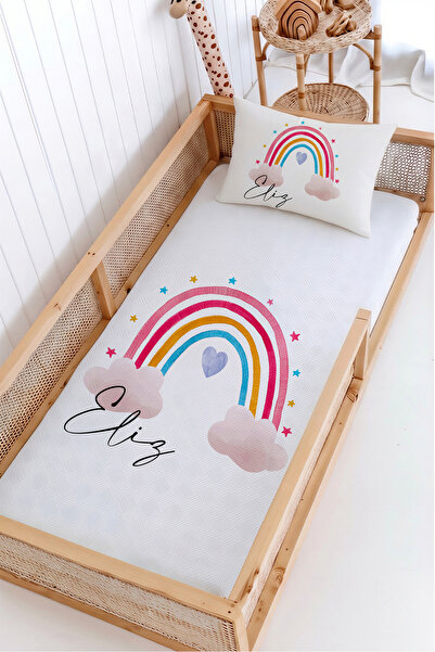 Lilabio %100 Pamuk İsme Özel Montessori Yatak Pike Seti 100x200 Yıldız Gökkuşağı