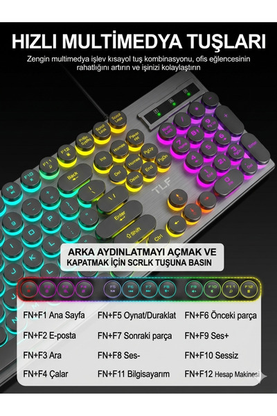Tech&bello accessories RGB Aydınlatmalı 10M+ Click Medya Tuşlu Akıllı Çipli USB Oyuncu Klavye ve Mouse Seti