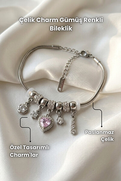 Elifsu Jewelry Steel Charm Silver Color Bracelet