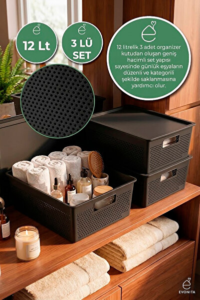 EVONİTA 3lü Kapaklı Saklama Kutusu 12 Lt Çok Amaçlı Organizer Banyo Mutfak Do...