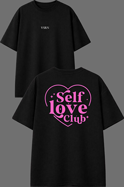 VSRN تي شيرت أسود كبير الحجم بتصميم Self Club مطبوع من الأمام والخلف