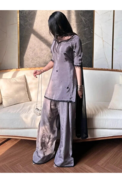 MYSMAR Grey Crepe Silk Pakistani Suit Set with Farshi Shalwar & Black Dupatta...