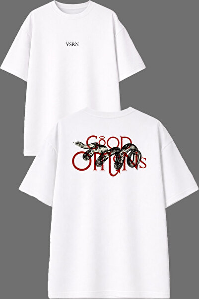 VSRN Tricou supradimensionat alb cu imprimeu față-spate Good Yılan Design