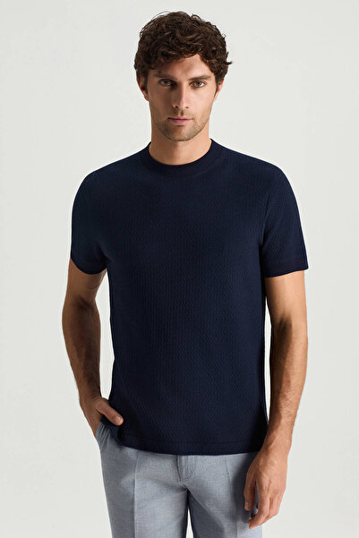 Hemington Jakar Desen Saf Pamuk Bisiklet Yaka Lacivert T-Shirt