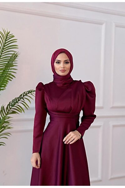 TUMEL DESİGN Asil Tesettür Bordo Saten Dik Yaka Büzgülü Omuz Detaylı Uzun Kol...