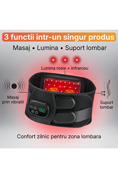 JUSTNET ®   Centură de masaj lombară, Vibrații, Lumină roșie și Infraroșu 660nm/850nm, Dispozitiv de masaj pentru spate, Suport lombar, Fără fir, 5000 mAh, 3 Niveluri de intensitate