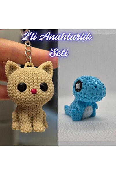 3DAtölyeMaker Cream Knitted Patterned Cat and Light Blue Knitted Patterned Mo...