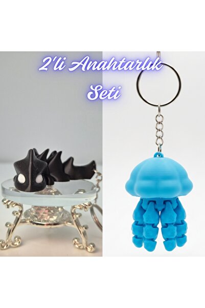 3DAtölyeMaker Black Flexible Dragon and Light Blue Moving Jellyfish Keychain