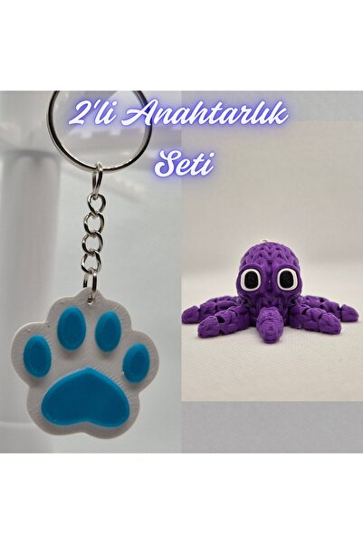 3DAtölyeMaker Light Blue Cat Paw and Purple Knitted Pattern Octopus Keychain