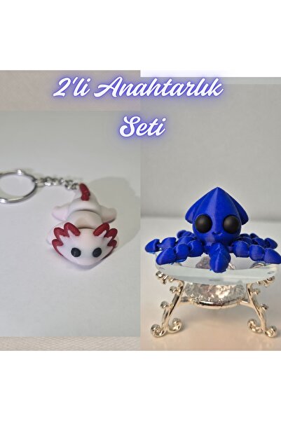 3DAtölyeMaker Light Pink Flexible Axolotl and Blue Squid Keychain