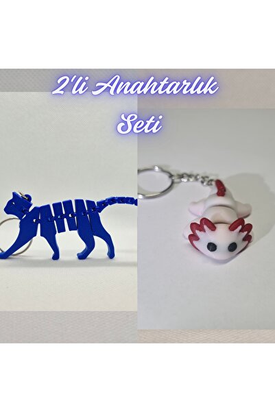 3DAtölyeMaker Blue Flexible Cat and Light Pink Flexible Axolotl Keychain