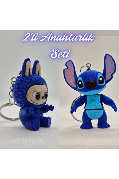 3DAtölyeMaker Blue Labubu and Blue Flexible Stitch Keychain