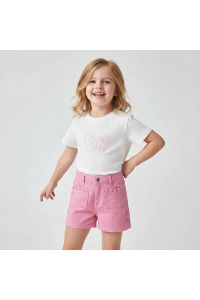 Tuffy Kids Kız Çocuk Pembe Kot Şort Beyaz Kelebek Baskılı Tişört Takım Yazlık...