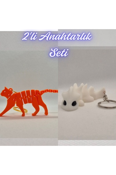 3DAtölyeMaker Orange Flexible Cat and White Flexible Dragon Keychain