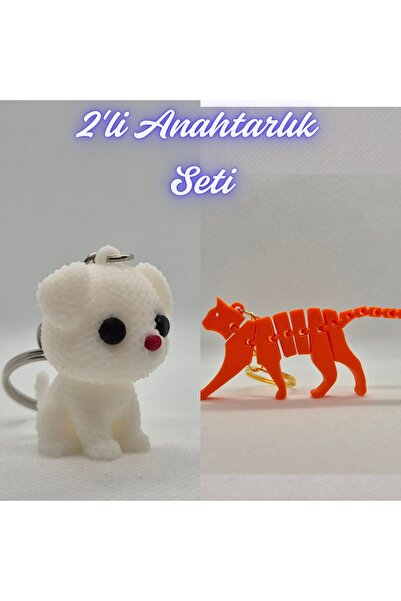 3DAtölyeMaker White Knitted Patterned Dog and Orange Flexible Cat Keychain